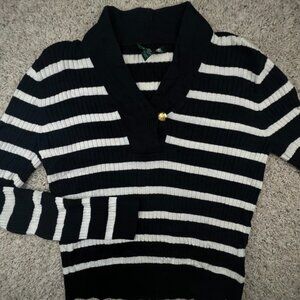 Lauren Ralph Lauren Women’s Sweater Large Striped Black White Cotton Knit Button